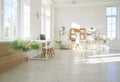 Empty modern clean spacious office room interior, desks, computers sunlight through windows Royalty Free Stock Photo