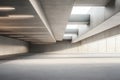 Empty modern concrete parking garage. Clean design. Large open space with geometric structure. Light fills interior. Stylish