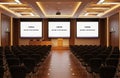 Modern conference room with three large projection screens and rows of seating Royalty Free Stock Photo