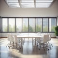 An empty, modern conference room with a large table and clean white chairs, bathed in bright, even natural light fr Royalty Free Stock Photo
