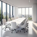 An empty, modern conference room with a large table and clean white chairs, bathed in bright, even natural light fr Royalty Free Stock Photo