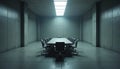 Empty modern conference room with long table and chairs. Stark concrete walls, overhead panel lighting create tense atmosphere. Royalty Free Stock Photo