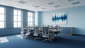 Empty modern conference room with a long table, chairs, windows, and abstract blue wall Keywords: conference room Royalty Free Stock Photo