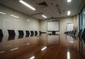 Empty Modern Conference Room with Projector Screen and Long Reflective Table Royalty Free Stock Photo