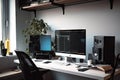 Empty modern developer workplace writing code computer desktop comfy armchair Royalty Free Stock Photo