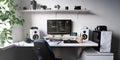 Empty modern developer workplace for writing code with computer desktop and comfy armchair