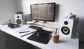 Empty modern developer workplace for writing code with computer desktop and comfy armchair