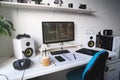 Empty modern developer workplace for writing code with computer desktop and comfy armchair Royalty Free Stock Photo