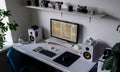 Empty modern developer workplace for writing code with computer desktop and comfy armchair