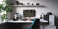 Empty modern developer workplace for writing code with computer desktop and comfy armchair