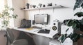 Empty modern developer workplace for writing code with computer desktop and comfy armchair