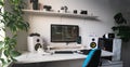 Empty modern developer workplace for writing code with computer desktop and comfy armchair