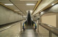 Empty modern escalator at subway station. Electric system moving staircase. Floor and step level. Transportation in underground