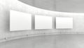 Empty modern exhibition gallery interior and hanging white canvas with light from ceiling. Royalty Free Stock Photo