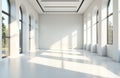 Empty modern gallery hall shows blank white wall ready for display. Sunlight creates shadows on floor. Large arched windows let Royalty Free Stock Photo