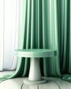 Empty modern glossy emerald green round podium side table in soft white blowing drapery curtain drape in sunlight for luxury