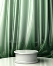 Empty modern glossy emerald green round podium side table in soft white blowing drapery curtain drape in sunlight for luxury