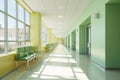 Empty modern hospital corridor background and seats at waiting area. Clinic hallway interior. Healthcare and medical center Royalty Free Stock Photo