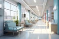 Empty modern hospital corridor background and seats at waiting area. Clinic hallway interior. Healthcare and medical center Royalty Free Stock Photo