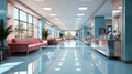 Empty modern hospital corridor, clinic hallway interior background with chairs for patients waiting for doctor visit.