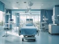 Empty modern hospital corridor, clinic hallway interior background with white chairs for patients waiting for doctor visit. Contem