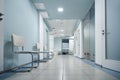 Empty modern hospital corridor, clinic hallway interior background.