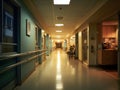 Empty modern hospital corridor, clinic hallway interior background with white chairs for patients waiting for doctor visit. Contem