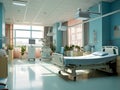 Empty modern hospital corridor, clinic hallway interior background with white chairs for patients waiting for doctor visit. Contem