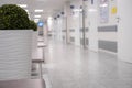 Empty modern hospital corridor, clinic hallway interior background with white chairs for patients waiting for doctor visit. Royalty Free Stock Photo