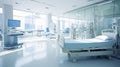 An empty, modern hospital room with medical equipment, a bed, and bright lighting, showcasing cleanliness and advanced Royalty Free Stock Photo