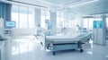 An empty, modern hospital room with medical equipment, a bed, and bright lighting, showcasing cleanliness and advanced Royalty Free Stock Photo