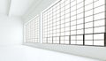 Empty modern industrial expo room huge panoramic windows,painted white wood floor,clean walls.3D rendering.Generic