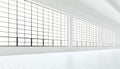 Empty modern industrial room with huge panoramic windows,painted white wood floor,blank walls.3D rendering.Generic