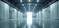 Empty modern industrial warehouse interior with bright overhead lighting system. Large clean spacious area features polished Royalty Free Stock Photo