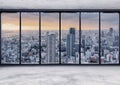 Empty modern interior space with skyscraper city view in sunset, Empty Business Office Interior Royalty Free Stock Photo