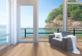 Empty modern living room interior with large windows and sea view background Royalty Free Stock Photo