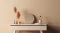 Empty modern, minimal beige dressing table, gold handle drawer storage, twig glass vase, round vanity mirror in cream wall bedroom