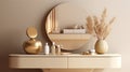 Empty modern, minimal beige dressing table, gold handle drawer storage, twig glass vase, round vanity mirror in cream wall bedroom