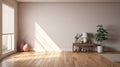 Empty modern minimalist living room. White walls, hardwood floor, wooden console with elegant vases, indoor plants in