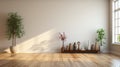 Empty modern minimalist living room. White walls, hardwood floor, wooden console with elegant vases, indoor plants in