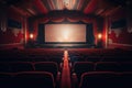 Empty modern movie theatre interior with screen and seats. Generative AI Royalty Free Stock Photo