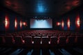 Empty modern movie theatre interior with screen and seats. Generative AI Royalty Free Stock Photo