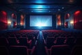 Empty modern movie theatre interior with screen and seats. Generative AI Royalty Free Stock Photo