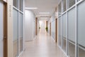 Empty modern office bright corridor with glass wall. Hall way. Ornamented.