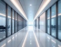 Empty modern office hallway with glass partitions and bright lighting interior corridor Royalty Free Stock Photo