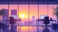 Empty modern office interior at sunset with city view Royalty Free Stock Photo