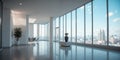 Empty Modern Office Space Large Windows Blue Sky View Interior of a spacious, empty modern office area featuring a wall Royalty Free Stock Photo