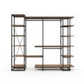 Modern industrial-style open wardrobe with wooden shelves and black metal frame on white Royalty Free Stock Photo