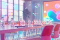 Empty modern party and celebration room with bottle of water on table and bubble floating in room