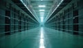 Empty modern prison corridor with reflective floor, rows of metal cells under bright lights. Security, isolation evident in Royalty Free Stock Photo